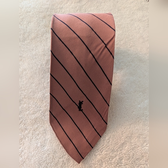 Yves Saint Laurent YSL Neckwear Mauve Blue Striped Silk Skinny Necktie - Picture 1 of 7